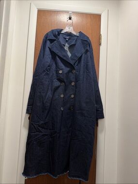 Dark Blue Double-Breasted Long Trench Coat.  Jean material.